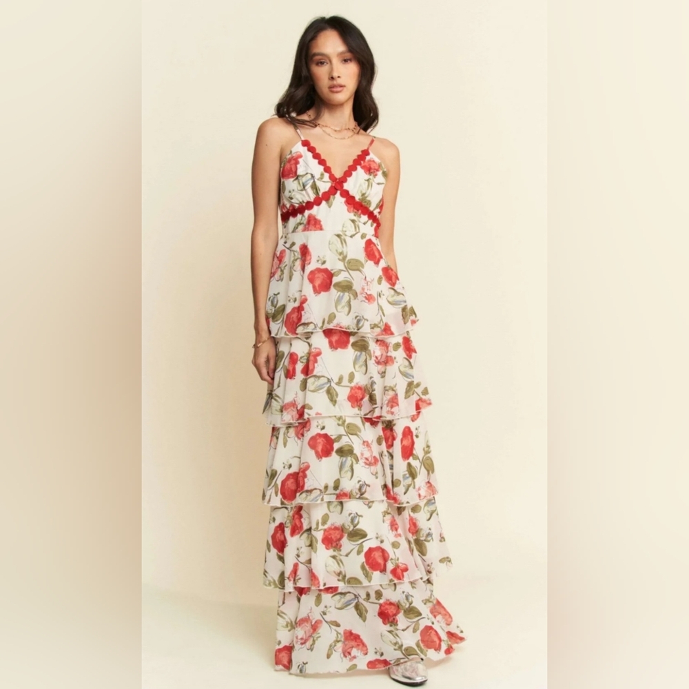 Davi & Dani Red Rose Layered Maxi Cami Dress – Romantic Floral - Plus Size 3XL